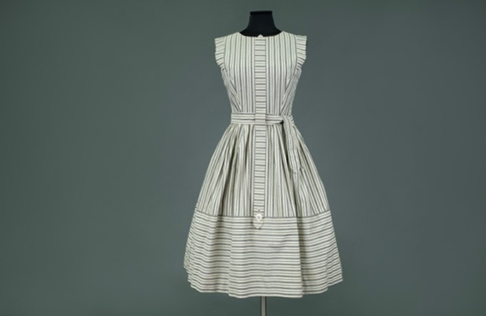 Image of Gray and white striped denim dress, worn by Olive Smith, 1950s
